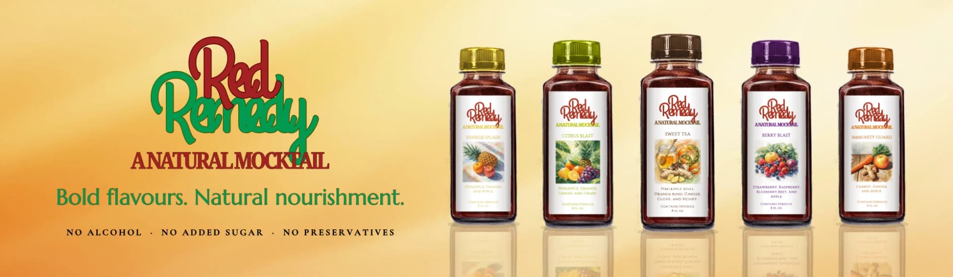 Red Remedy — a natural mocktail. All five flavours: Sunrise Splash, Citrus Blast, Sweet Tea, Berry Blast, and Immunity Guard.